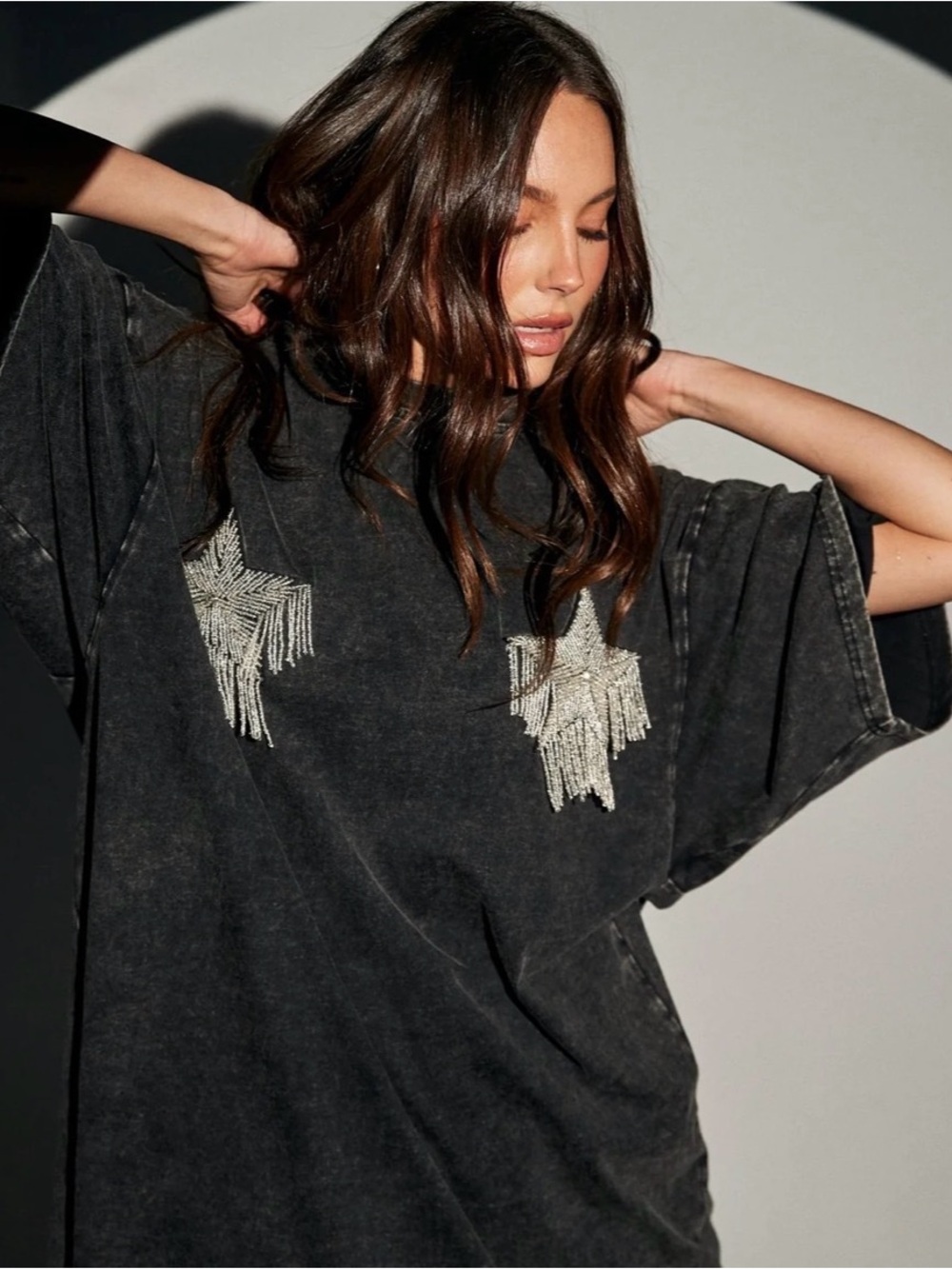 Sabbi Tit Tee - Embroidered Fringe Star Oversized Tee - Black